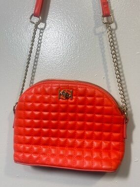bebe Quilted Coral-Red Crossbody with Gold Chain